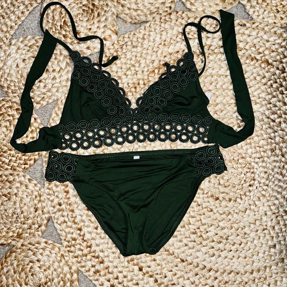 Dark green two piece bathing suit.